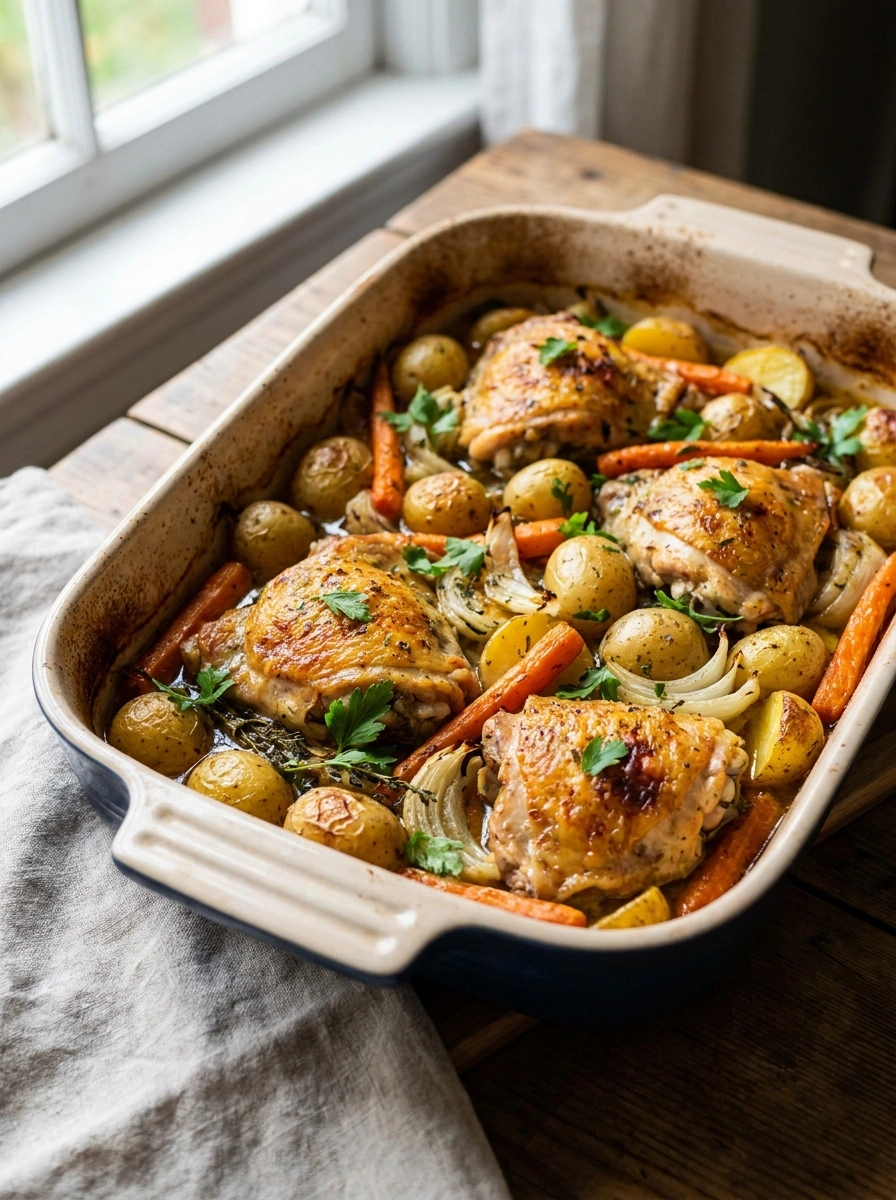 Kylling i fad med kartofler og grøntsager